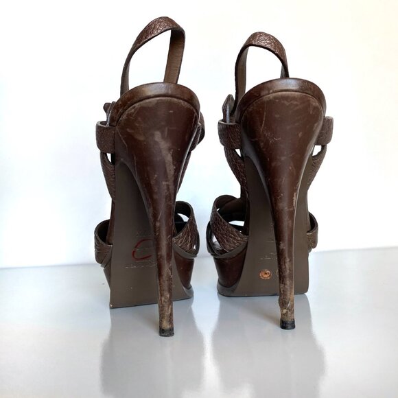 Yves Saint Laurent Bronze Tribute Croc Embossed Platform Leather High Heels Sz 7 - Picture 6 of 11